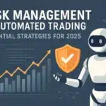 Graphic showing a futuristic robot next to trading charts and a shield icon, representing risk management in automated trading