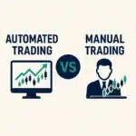 Visual comparison of automated trading vs manual trading showing a trading bot screen on the left and a human trader analyzing a chart on the right
