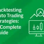 Featured image showing backtesting candlestick chart, magnifying glass and auto trading strategy title.