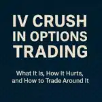 Featured image with the title “IV Crush in Options Trading – What It Is, How It Hurts, and How to Trade Around It” on a dark blue textured background.