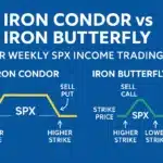 Visual comparison of iron condor and iron butterfly strategies showing profit zones, strike prices, and SPX positioning for weekly income trading