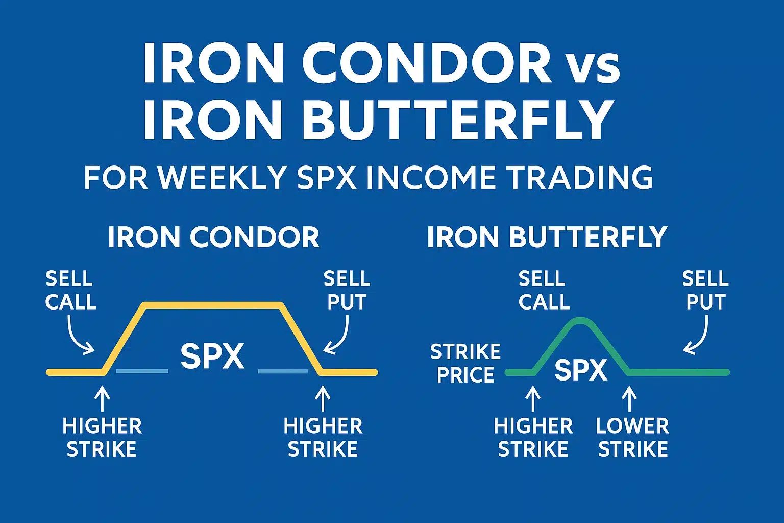 Visual comparison of iron condor and iron butterfly strategies showing profit zones, strike prices, and SPX positioning for weekly income trading