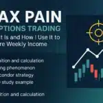 Visual graphic explaining max pain in options trading with candlestick chart, target icon, and key strategy points like pinning, iron condors, and weekly ROI