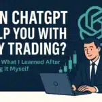 Illustration of trader using ChatGPT for day trading with candlestick chart and AI logo in background.