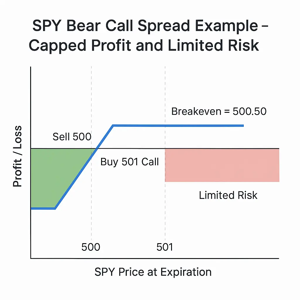 SPY bear call spread example with payoff curve showing capped profit and limited risk