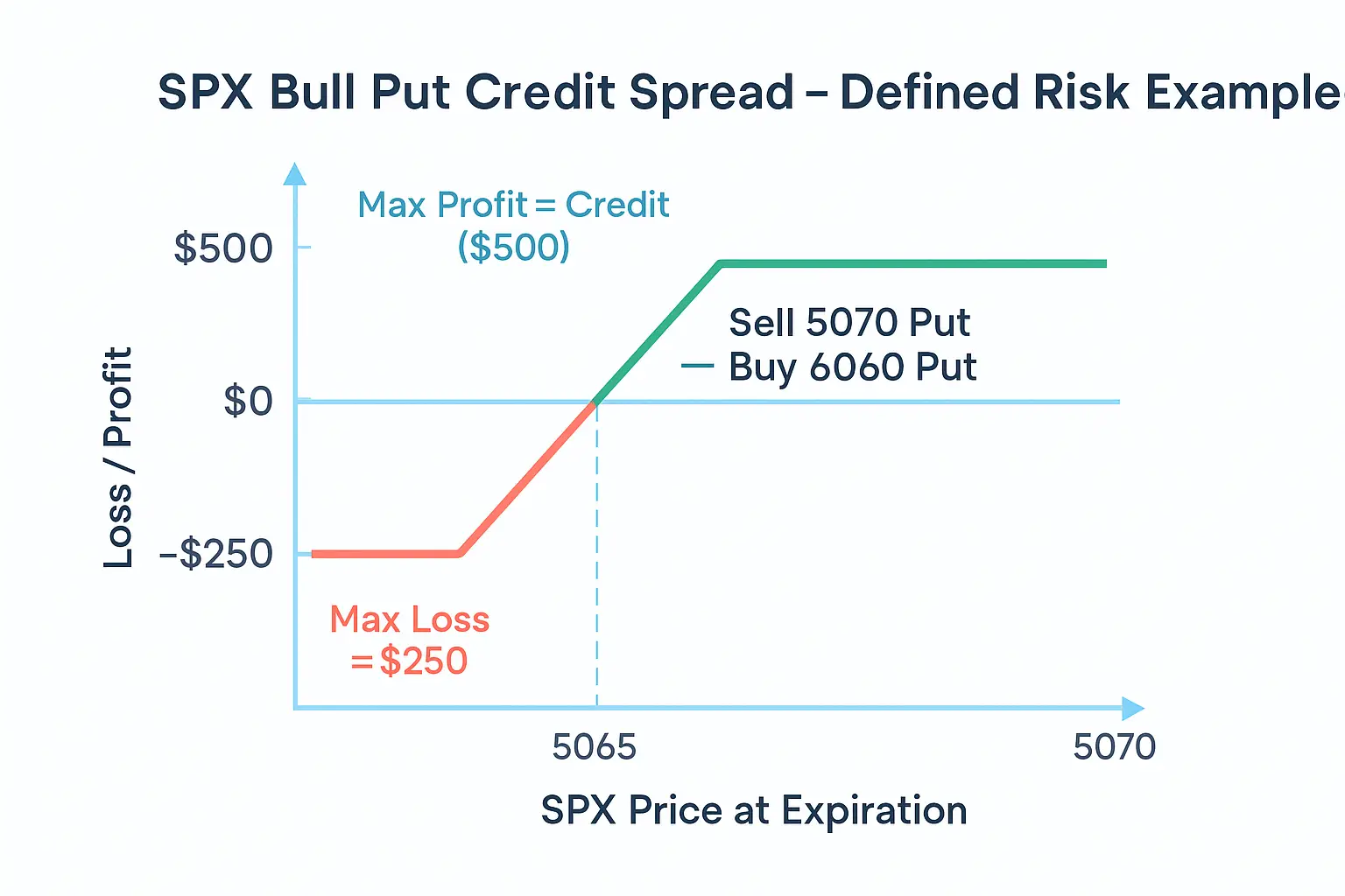 SPX Bull Put Credit Spread Example SPX bull put spread example payoff diagram showing defined risk and capped profit