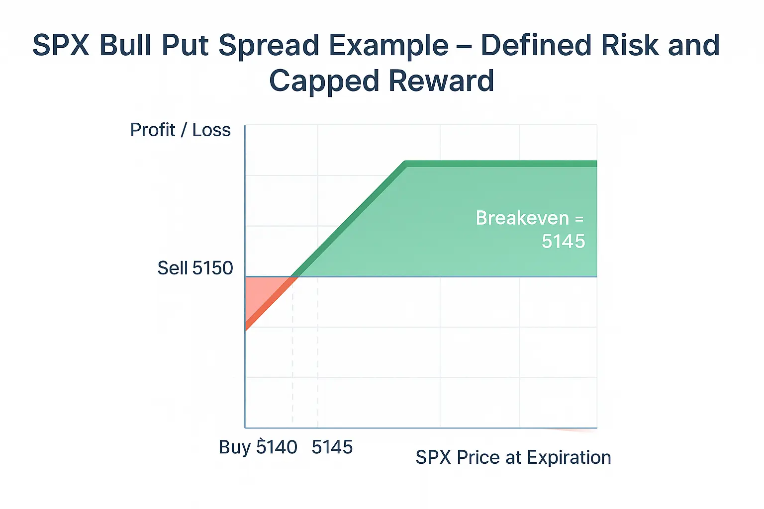 SPX bull put spread example with payoff graph showing defined risk and capped reward