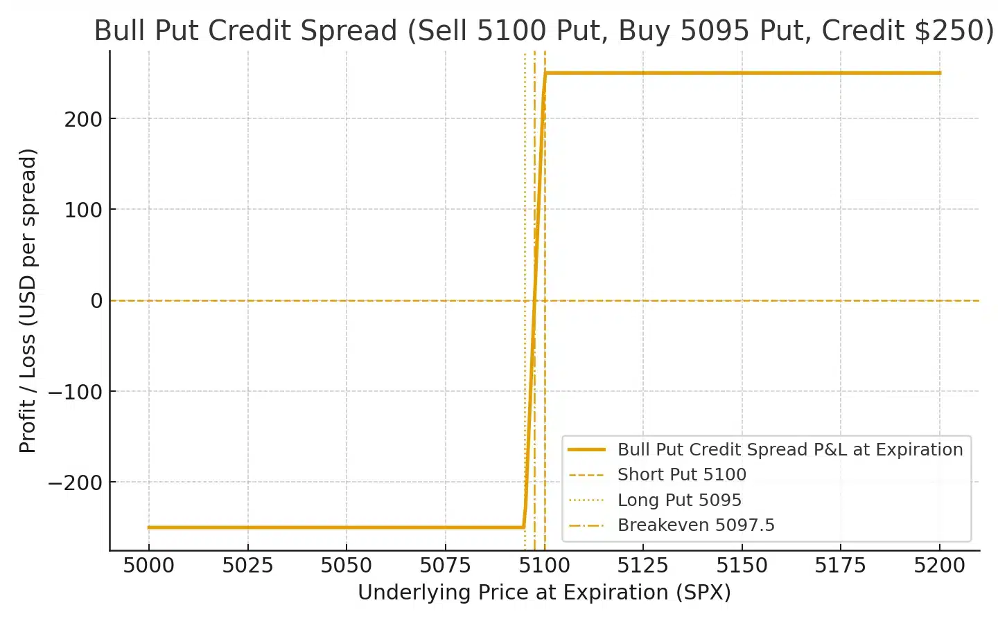 Bull put credit spread payoff at expiration — sell 5100 put, buy 5095 put, max profit $250, max loss $250, breakeven 5097.5.