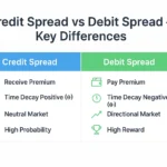 Infographic comparing credit spread and debit spread in options trading showing key differences such as premium flow, time decay, market outlook, and reward potential.