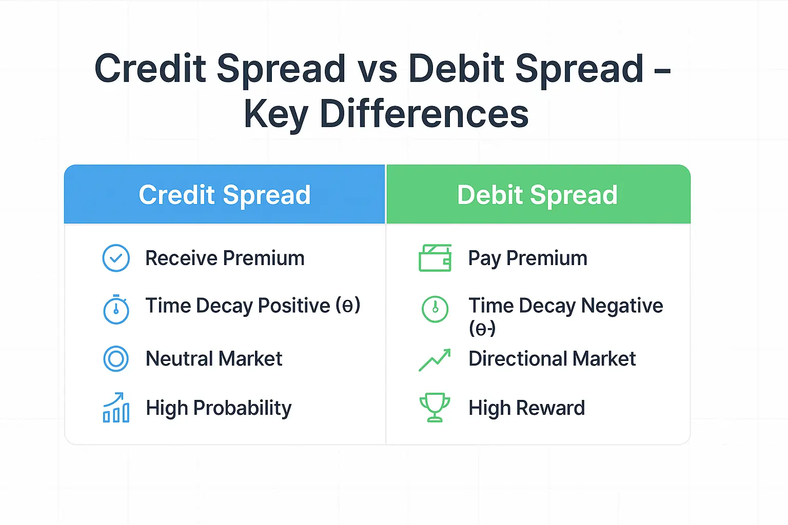 Comparison table of credit spread vs debit spread options strategy differences