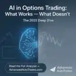 Financial-themed image illustrating AI in options trading — left side shows a glowing neural network and trading dashboard symbolizing automation, right side shows a glitching chart representing overfitting and data risk, with headline “AI in Options Trading: What Works — What Doesn’t.