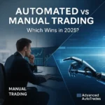 A split-screen image showing a human trader analyzing charts on multiple monitors beside a robotic hand interacting with digital data streams, symbolizing the contrast between manual trading and automated trading in 2025.