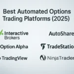 Featured image titled “Best Automated Options Trading Platforms 2025” showing logos of Interactive Brokers, Tradier, AutoShares, Option Alpha, TradeStation, TradingView, and NinjaTrader on a blue-gray background with subtle trading chart overlays.