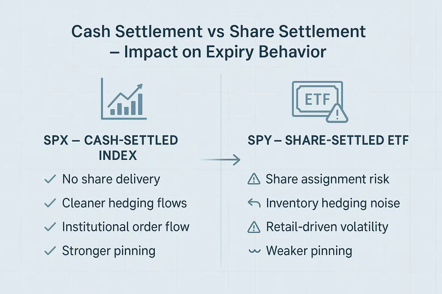 Infographic comparing SPX cash-settled index and SPY share-settled ETF, showing differences in hedging flows, assignment risk, retail-driven volatility, and pinning strength during options expiration.