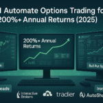 Professional trading desk illustration showing SPX and SPY charts, automation dashboards, and a rising profit curve labeled “200%+ Annual Returns,” with subtle AI network lines and Advanced AutoTrades branding in blue-gray and green tones.