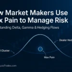 Institutional-style financial graphic showing delta and gamma hedging flows converging toward a highlighted max pain point, with curved lines, candlestick charts, OI cluster labels, and the title “How Market Makers Use Max Pain to Manage Risk – Understanding Delta, Gamma & Hedging Flows,” on a deep blue gradient background.