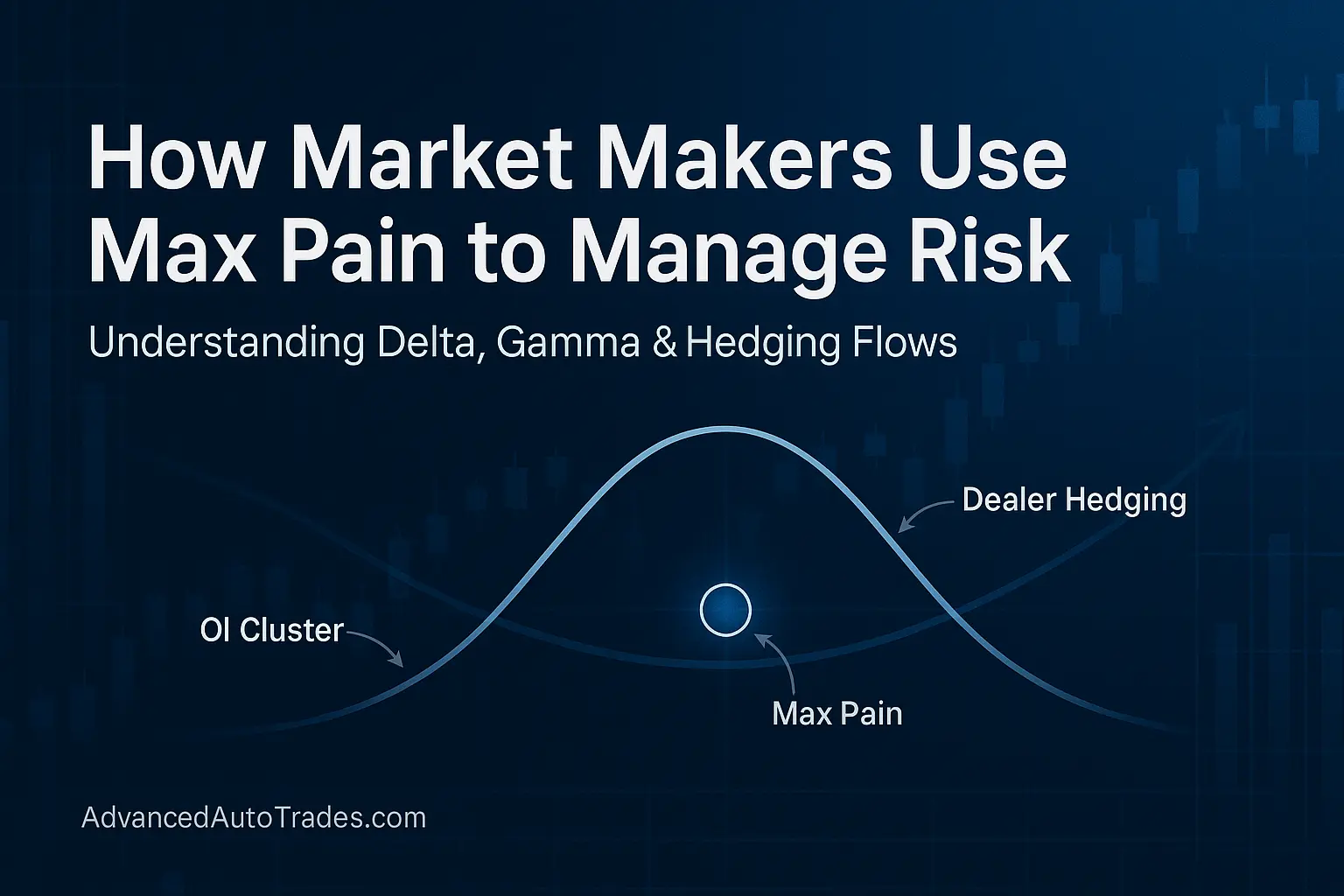 Institutional-style financial graphic showing delta and gamma hedging flows converging toward a highlighted max pain point, with curved lines, candlestick charts, OI cluster labels, and the title “How Market Makers Use Max Pain to Manage Risk – Understanding Delta, Gamma & Hedging Flows,” on a deep blue gradient background.