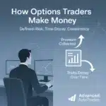 Illustration of an options trader at a desk analyzing charts, showing how premium is collected over time through theta decay — concept of defined-risk and consistent income by Advanced AutoTrades.