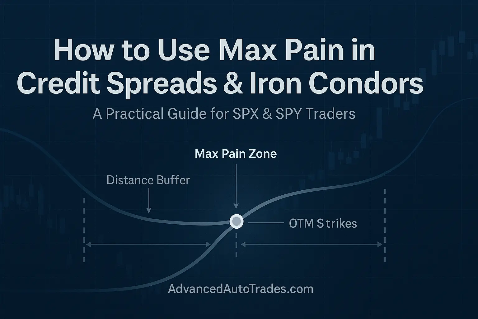 Institutional-style financial graphic showing SPX price drifting toward a max pain point, with arrows indicating safe distance for credit spreads and iron condors, on a deep blue and slate-grey gradient background. Includes candlestick chart elements, gamma-curve shapes, and the text “How to Use Max Pain in Credit Spreads & Iron Condors – A Practical Guide for SPX & SPY Traders.