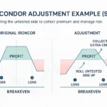 Infographic comparing two SPX Iron Condor payoff diagrams side by side. The left chart shows the original Iron Condor with a flat profit zone, while the right chart shows the adjusted version after rolling the untested side upward to collect extra credit and shift the profit range.