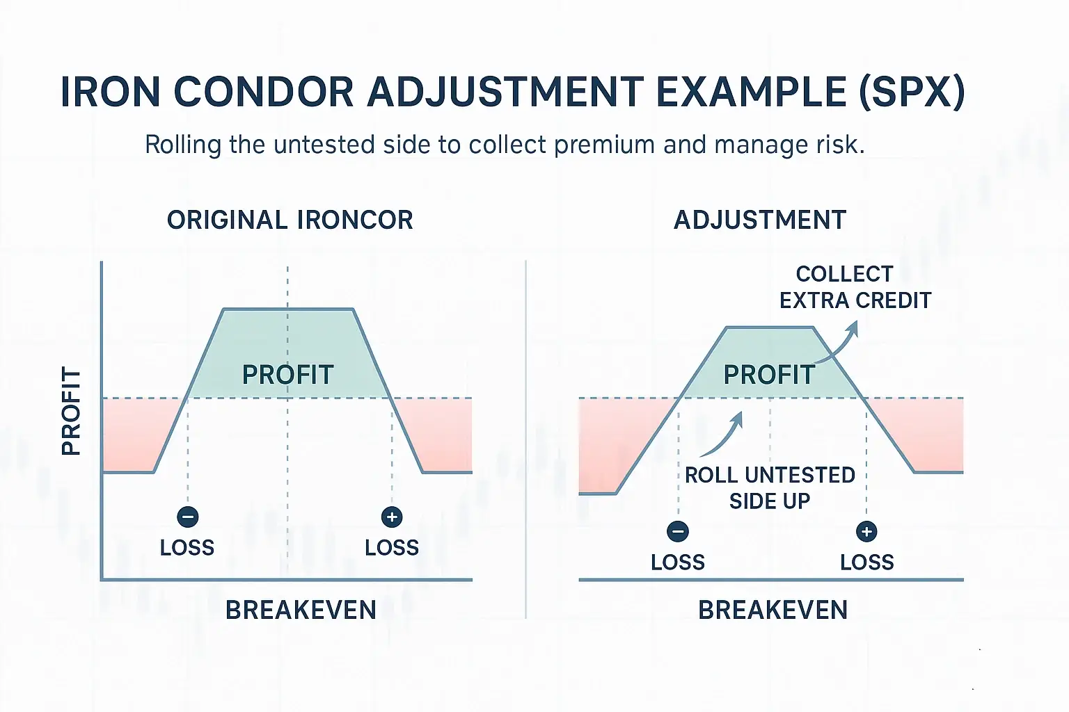 Infographic comparing two SPX Iron Condor payoff diagrams side by side. The left chart shows the original Iron Condor with a flat profit zone, while the right chart shows the adjusted version after rolling the untested side upward to collect extra credit and shift the profit range.