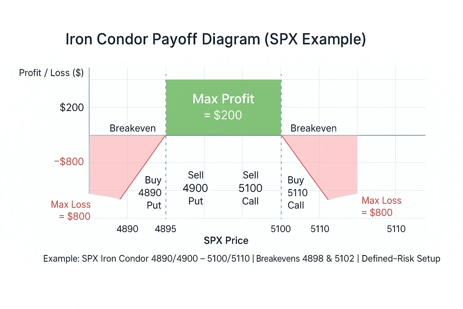 Iron Condor Payoff Diagram SPX Example – Max Profit and Max Loss Visualization Iron Condor payoff diagram showing SPX price range 4890–5110 with a green profit zone 4900–5100, breakevens at 4898 and 5102, and defined-risk setup with $200 max profit and $800 max loss.