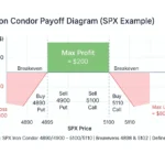 Iron Condor payoff diagram showing SPX price range from 4890 to 5110, green profit zone between 4900 and 5100, breakevens at 4898 and 5102, and defined-risk setup with $200 max profit and $800 max loss.