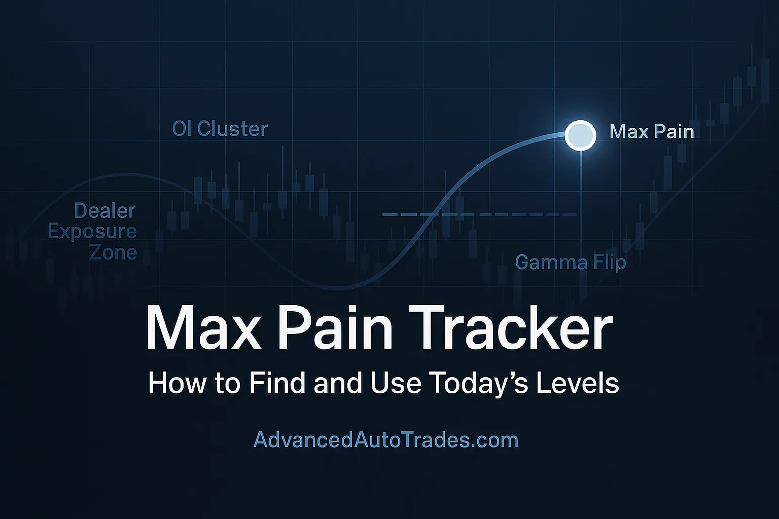 Institutional-style financial graphic showing a max pain marker, OI cluster labels, gamma flip zone, and dealer exposure zone over a deep blue and slate-grey SPX candlestick chart background, with the text “Max Pain Tracker – How to Find and Use Today’s Levels” and a footer reading AdvancedAutoTrades.com.