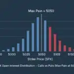 Bar chart showing SPX options open interest by strike price from 4950 to 5150, with blue bars for call options and red bars for put options. The chart highlights a central vertical marker labeled ‘Max Pain = 5050,’ where open interest clusters most densely.