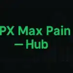 SPX Max Pain Hub banner showing green institutional title on a dark background with a faint max pain chart silhouette
