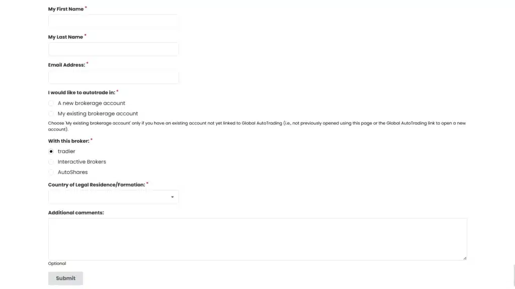 Action: Fill out the Global AutoTrading form and select “existing brokerage account.”Tip: Double-check your email — this is where your login access will be sent.