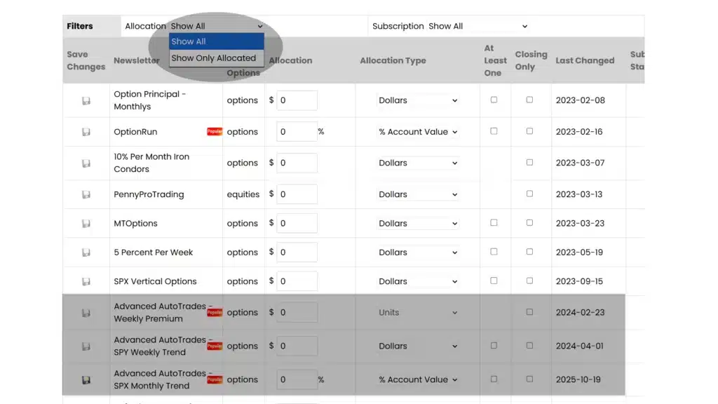 Action: Click “Newsletters” to view all services.Important: You may see many services — ignore them and only select Advanced AutoTrades strategies.