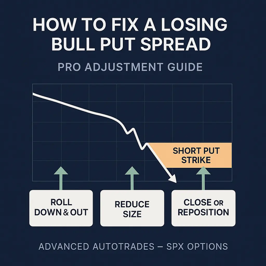 Infographic showing how to fix a losing bull put spread, with an SPX price chart dipping toward the short put strike and three adjustment actions: Roll Down & Out, Reduce Size, and Close or Reposition. Premium institutional design using dark blue, white, and muted risk-orange colors.