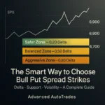 Infographic showing how to choose bull put spread strike prices using delta zones, including a minimalist SPX chart and three labeled strike regions: Safer Zone at 0.20 delta, Balanced Zone at 0.50 delta, and Aggressive Zone at 0.80 delta, with example strike levels 6,700, 6,800, and 6,900.